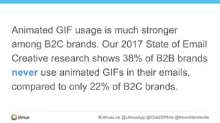 #LitmusLive @LitmusApp @ChadSWhite @KevinMandeville
Animated GIF usage is much stronger
among B2C brands. Our 2017 State of Email
Creative research shows 38% of B2B brands
never use animated GIFs in their emails,
compared to only 22% of B2C brands.
 
