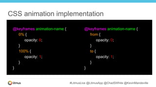 #LitmusLive @LitmusApp @ChadSWhite @KevinMandeville
@keyframes animation-name {
0% {
opacity: 0;
}
100% {
opacity: 1;
}
}
CSS animation implementation
@keyframes animation-name {
from {
opacity: 0;
}
to {
opacity: 1;
}
}
 