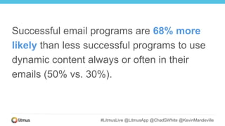 #LitmusLive @LitmusApp @ChadSWhite @KevinMandeville
Successful email programs are 68% more
likely than less successful programs to use
dynamic content always or often in their
emails (50% vs. 30%).
 