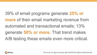 #LitmusLive @LitmusApp @ChadSWhite @KevinMandeville
39% of email programs generate 25% or
more of their email marketing revenue from
automated and transactional emails; 13%
generate 50% or more. That trend makes
A/B testing these emails even more critical.
 