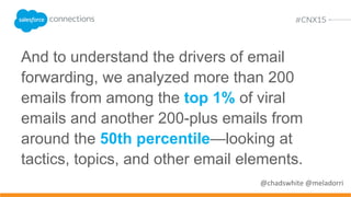 To reduce the impact of list size, we
normalized forward activity by calculating
the forward-to-open rate—that is, what
percentage of opens generated a forward.
@chadswhite @meladorri
 