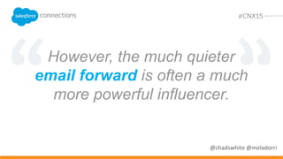 However, the much quieter
email forward is often a much
more powerful influencer.
@chadswhite @meladorri
 