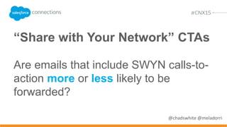 Personalization
Are personalized emails more or less
likely to be forwarded?
Note: We ignored first-name merges and other superficial
forms of personalization.
 