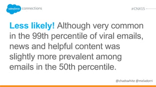 Promotions, deals, & discounts
@chadswhite @meladorri
Are emails about promotions, deals,
and discounts more or less likely to be
forwarded?
 
