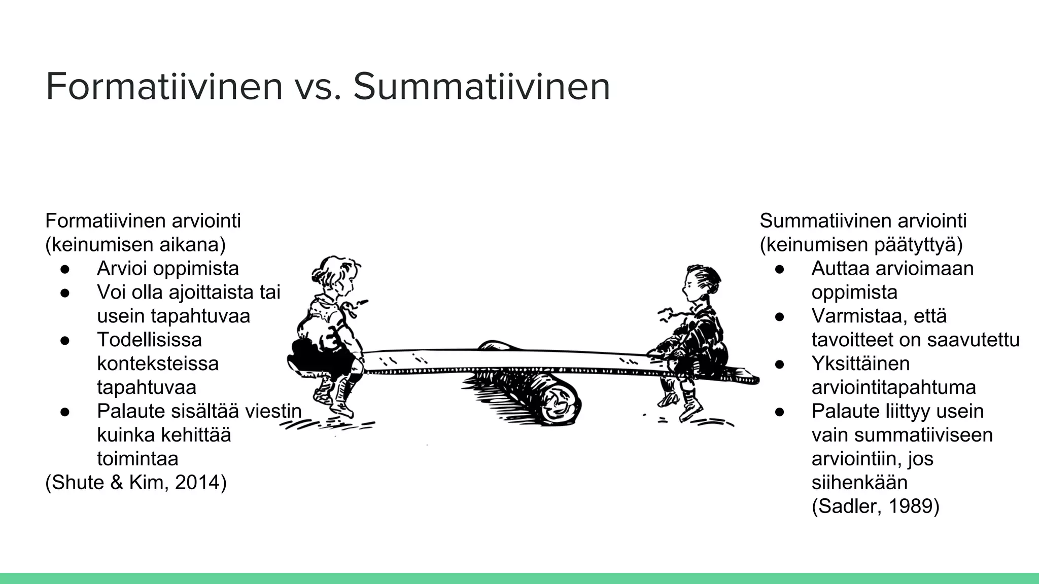 Formatiivinen vs. Summatiivinen
Formatiivinen arviointi
(keinumisen aikana)
● Arvioi oppimista
● Voi olla ajoittaista tai
usein tapahtuvaa
● Todellisissa
konteksteissa
tapahtuvaa
● Palaute sisältää viestin
kuinka kehittää
toimintaa
(Shute & Kim, 2014)
Summatiivinen arviointi
(keinumisen päätyttyä)
● Auttaa arvioimaan
oppimista
● Varmistaa, että
tavoitteet on saavutettu
● Yksittäinen
arviointitapahtuma
● Palaute liittyy usein
vain summatiiviseen
arviointiin, jos
siihenkään
(Sadler, 1989)
 