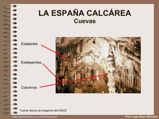 LA ESPAÑA CALCÁREA Cuevas Estalactita Estalagmitas Columnas Fuente: Banco de imágenes del CNICE Prof. Isaac Buzo Sánchez 