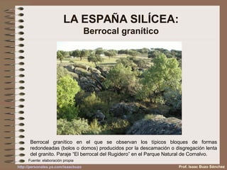 Berrocal granítico en el que se observan los típicos bloques de formas
redondeadas (bolos o domos) producidos por la descamación o disgregación lenta
del granito. Paraje “El berrocal del Rugidero” en el Parque Natural de Cornalvo.
LA ESPAÑA SILÍCEA:
Berrocal granítico
Prof. Isaac Buzo Sánchez
Fuente: elaboración propia
http://personales.ya.com/isaacbuzo
 