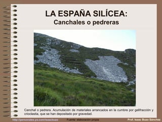 Canchal o pedrera. Acumulación de materiales arrancados en la cumbre por gelifracción y
crioclastia, que se han depositado por gravedad.
LA ESPAÑA SILÍCEA:
Canchales o pedreras
Prof. Isaac Buzo SánchezFuente: elaboración propiahttp://personales.ya.com/isaacbuzo
 
