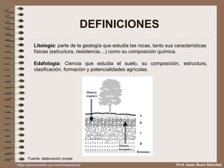 DEFINICIONES
Litología: parte de la geología que estudia las rocas, tanto sus características
físicas (estructura, resistencia....) como su composición química.
Edafología: Ciencia que estudia el suelo, su composición, estructura,
clasificación, formación y potencialidades agrícolas.
Prof. Isaac Buzo Sánchez
Fuente: elaboración propia
http://personales.ya.com/isaacbuzo
 