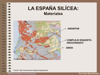 LA ESPAÑA SILÍCEA:
Materiales
GRANITOS
GNEIS
COMPLEJO ESQUISTO-
GRAUVAQUICO
Prof. Isaac Buzo Sánchez
Fuente: http://www.educa.aragob.es/geopress/
http://personales.ya.com/isaacbuzo
 