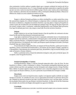 Litologia das Formações Geológi

cões continentais (vulcões andinos) surgidos depois que a margem ocidental da América do Sul se
transformou em sismicamente ativa. É a nona formação geológica aparecida na superfície do globo
que por isso tem o nome da nona letra do alfabeto grego. Ocorre como vulcões ativos intermitentes,
cones vulcânicos e derrames de lavas basálticas sobre as formações dobradas de Delta e Theta (Cor-
dilheira dos Andes) na costa ocidental da América do Sul.
                                      Formação KAPPA
	       Kappa é a décima formação geológica na ordem estratigráfica ou ordem natural das coisas.
De característica singular, foi a última formação a se depositar sobre o continente americano do sul.
Ela forma os tabuleiros e chapadas do território brasileiro cujo topo plano é impar na fisiografia na-
cional os quais são reconhecidos com facilidade por qualquer leigo. Do lago que lhe deu origem ain-
da existem vestígios sobre o continente, conhecidos popularmente como Pantanal Mato-grossense.
Esse lago foi drenado para leste e deu origem a atual rede fluvial do território brasileiro.

	       Origem
	       Kappa originou-se em um lago formado durante a fase de equilíbrio do continente sul-ame-
ricana havida antes do basculamento continental para leste.
	       Logo após a explosão da Terra que levaria à separação continental, houve o levantamento da
margem oriental do continente, condicionando a drenagem para o oeste período da sedimentação de
Delta, no Oceano Pacífico. A chegada da margem ocidental à área sismicamente ativa naquela parte
da Terra determinou o levantamento dos Andes, que bloqueou aquela drenagem iniciando a formação
do grande lago que originou Kappa.
	       O acavalamento de Alpha sobre Zeta, na margem do Oceano Pacífico, acabou por levantar e
equilibrar a massa continental horizontalizando-a, movimento que dá origem à Kappa, seguindo-se
o desequilíbrio e basculamento do continente para leste, derramando o lago na mesma direção, local
onde se formaria o Oceano Atlântico.
	       Sobre o continente restou o lençol de sedimentos terrígenos onde, pela corrida das águas, foi
esculpida a atual fisiografia brasileira.



	        Posição Estratigráfica e Contatos
	        Estratigraficamente, Kappa é a décima formação aparecida sobre a face da Terra. Na área
brasileira é a sétima, e sobre o continente é a última. Essa posição estratigráfica determina que seu
contato inferior seja feito com qualquer uma das formações mais antigas (exceto o Grupo Pacífico:
Beta e Delta). O contato superior na parte continental é com a atmosfera enquanto no mar ou é feito
com as águas do Oceano Atlântico, ou com as partículas inconsolidadas da Formação Lambda.

	       Ocorrência
	       Kappa ocorre como um lençol de areias e argilas e em algumas regiões exibindo um conglo-
merado na sua base. As camadas de cores vivas se apresentam horizontais ou próximos dessa posi-
ção. Delgada de espessura estende-se por todo o território brasileiro com o seu topo plano, secciona-
do em grandes blocos pelos rios que drenam o território brasileiro. As ilhas da foz do Rio Amazonas
são exemplos da ocorrência de Kappa submergindo nas águas do Atlântico.

	       Correlação
	       A formação correlaciona-se em todo o território nacional sempre com as mesmas caracterís-

                                               211
 