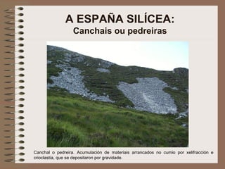 A ESPAÑA SILÍCEA: Canchais ou pedreiras Canchal o pedreira. Acumulación de materiais arrancados no cumio por xelifracción e crioclastia, que se depositaron por gravidade. 
