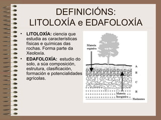 DEFINICIÓNS: LITOLOXÍA e EDAFOLOXÍA LITOLOXÍA:  ciencia que estudia as características físicas e químicas das rochas. Forma parte da Xeoloxía. EDAFOLOXÍA:  estudio do solo, a súa composición, estrutura, clasificación, formación e potencialidades agrícolas. 