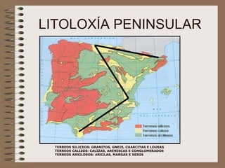 LITOLOXÍA PENINSULAR TERREOS SILICEOS: GRANITOS, GNEIS, CUARCITAS E LOUSAS TERREOS CALIZOS: CALIZAS, ARENISCAS E CONGLOMERADOS TERREOS ARXILOSOS: ARXILAS, MARGAS E XESOS  