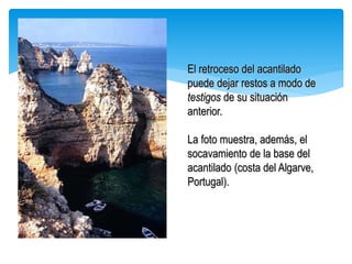 El retroceso del acantilado
puede dejar restos a modo de
testigos de su situación
anterior.
La foto muestra, además, el
socavamiento de la base del
acantilado (costa del Algarve,
Portugal).
 