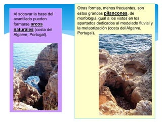 Otras formas, menos frecuentes, son
estos grandes pilancones, de
morfología igual a los vistos en los
apartados dedicados al modelado fluvial y
la meteorización (costa del Algarve,
Portugal).
Al socavar la base del
acantilado pueden
formarse arcos
naturales (costa del
Algarve, Portugal).
 