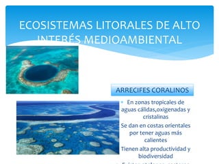 ECOSISTEMAS LITORALES DE ALTO
INTERÉS MEDIOAMBIENTAL
ARRECIFES CORALINOS
 En zonas tropicales de
aguas cálidas,oxigenadas y
cristalinas
 Se dan en costas orientales
por tener aguas más
calientes
 Tienen alta productividad y
biodiversidad
 