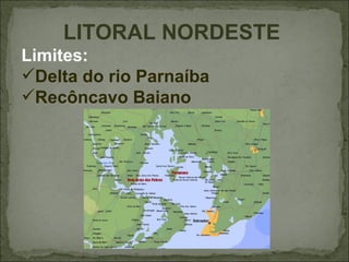 LITORAL NORDESTE
Limites:
Delta do rio Parnaíba
Recôncavo Baiano
 