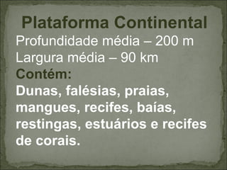 Plataforma Continental
Profundidade média – 200 m
Largura média – 90 km
Contém:
Dunas, falésias, praias,
mangues, recifes, baías,
restingas, estuários e recifes
de corais.
 