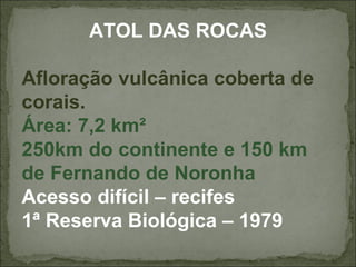 ATOL DAS ROCAS

Afloração vulcânica coberta de
corais.
Área: 7,2 km²
250km do continente e 150 km
de Fernando de Noronha
Acesso difícil – recifes
1ª Reserva Biológica – 1979
 