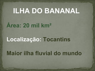 ILHA DO BANANAL
Área: 20 mil km²

Localização: Tocantins

Maior ilha fluvial do mundo
 