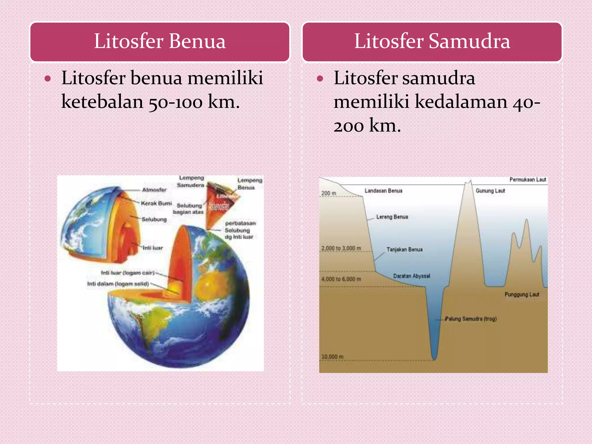 Litosfer Benua Litosfer Samudra
 Litosfer benua memiliki
ketebalan 50-100 km.
 Litosfer samudra
memiliki kedalaman 40-
200 km.
 