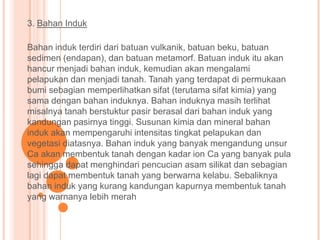 3. Bahan Induk
Bahan induk terdiri dari batuan vulkanik, batuan beku, batuan
sedimen (endapan), dan batuan metamorf. Batuan induk itu akan
hancur menjadi bahan induk, kemudian akan mengalami
pelapukan dan menjadi tanah. Tanah yang terdapat di permukaan
bumi sebagian memperlihatkan sifat (terutama sifat kimia) yang
sama dengan bahan induknya. Bahan induknya masih terlihat
misalnya tanah berstuktur pasir berasal dari bahan induk yang
kandungan pasirnya tinggi. Susunan kimia dan mineral bahan
induk akan mempengaruhi intensitas tingkat pelapukan dan
vegetasi diatasnya. Bahan induk yang banyak mengandung unsur
Ca akan membentuk tanah dengan kadar ion Ca yang banyak pula
sehingga dapat menghindari pencucian asam silikat dan sebagian
lagi dapat membentuk tanah yang berwarna kelabu. Sebaliknya
bahan induk yang kurang kandungan kapurnya membentuk tanah
yang warnanya lebih merah
 
