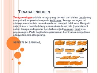 TENAGA ENDOGEN
Tenaga endogen adalah tenaga yang berasal dari dalam bumi yang
menyebabkan perubahan pada kulit bumi. Tenaga endogen ini
sifatnya membentuk permukaan bumi menjadi tidak rata. Mungkin
saja di suatu daerah dulunya permukaan bumi rata (datar) tetapi
akibat tenaga endogen ini berubah menjadi gunung, bukit atau
pegunungan. Pada bagian lain permukaan bumi turun menjadikan
adanya lembah atau jurang.
SEPERTI DI SAMPING,
 