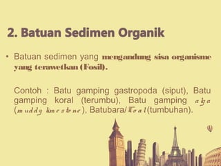 • Batuan sedimen yang mengandung sisa organisme
yang terawetkan (Fosil).
Contoh : Batu gamping gastropoda (siput), Batu
gamping koral (terumbu), Batu gamping alg a
(m uddy lim e sto ne ), Batubara/Co al(tumbuhan).
 