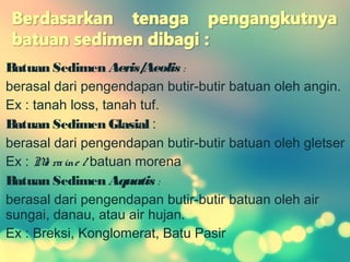 Batuan Sedimen Aeris/Aeolis :
berasal dari pengendapan butir-butir batuan oleh angin.
Ex : tanah loss, tanah tuf.
Batuan Sedimen Glasial :
berasal dari pengendapan butir-butir batuan oleh gletser
Ex : Mo raine / batuan morena
Batuan Sedimen Aquatis :
berasal dari pengendapan butir-butir batuan oleh air
sungai, danau, atau air hujan.
Ex : Breksi, Konglomerat, Batu Pasir
 
