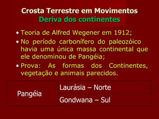 Crosta Terrestre em Movimentos Deriva dos continentes Teoria de Alfred Wegener em 1912; No período carbonífero do paleozóico  havia uma única massa continental que ele denominou de Pangéia; Prova: As formas dos Continentes, vegetação e animais parecidos. Pangéia Laurásia – Norte Gondwana – Sul 