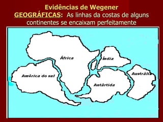Evidências de Wegener GEOGRÁFICAS :  As linhas da costas de alguns continentes se encaixam perfeitamente 