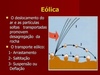 Eólica O deslocamento do ar e as partículas soltas  transportadas promovem desagregação  da rocha O transporte eólico:  1- Arrastamento 2- Saltitação 3- Suspensão ou Deflação 