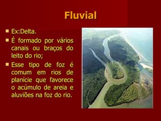 Fluvial Ex:Delta. É formado por vários canais ou braços do leito do rio; Esse tipo de foz é comum em rios de planície que favorece o acúmulo de areia e aluviões na foz do rio. 