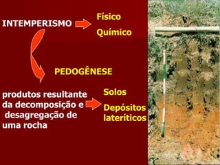 INTEMPERISMO Físico  Químico Solos Depósitos lateríticos PEDOGÊNESE produtos resultante da decomposição e  desagregação de uma rocha 