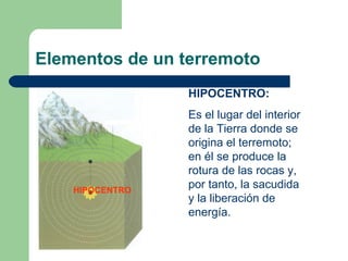 Elementos de un terremoto
                 HIPOCENTRO:
                 Es el lugar del interior
                 de la Tierra donde se
                 origina el terremoto;
                 en él se produce la
                 rotura de las rocas y,
    HIPOCENTRO
                 por tanto, la sacudida
                 y la liberación de
                 energía.
 