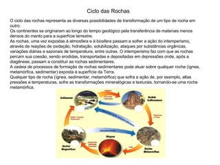 Ciclo das Rochas O ciclo das rochas representa as diversas possibilidades de transformação de um tipo de rocha em outro.  Os continentes se originaram ao longo do tempo geológico pela transferência de materiais menos densos do manto para a superfície terrestre.  As rochas, uma vez expostas à atmosfera e à biosfera passam a sofrer a ação do intemperismo, através de reações de oxidação, hidratação, solubilização, ataques por substâncias orgânicas, variações diárias e sazonais de temperatura, entre outras. O intemperismo faz com que as rochas percam sua coesão, sendo erodidas, transportadas e depositadas em depressões onde, após a diagênese, passam a constituir as rochas sedimentares.  A cadeia de processos de formação de rochas sedimentares pode atuar sobre qualquer rocha (ígnea, metamórfica, sedimentar) exposta à superfície da Terra. Qualquer tipo de rocha (ígnea, sedimentar, metamórfica) que sofra a ação de, por exemplo, altas pressões e temperaturas, sofre as transformações mineralógicas e texturais, tornando-se uma rocha metamórfica. 