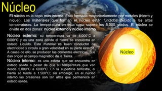 El núcleo es la capa más interna. Está formado mayoritariamente por metales (hierro y
níquel). Los materiales que forman el núcleo están fundidos debido a las altas
temperaturas. La temperatura en esta capa supera los 5.000 grados. El núcleo se
divide en dos zonas: núcleo externo y núcleo interno.
Núcleo
Núcleo externo: su temperatura va de 4.000°C a
6000°C y es una zona donde el hierro se encuentra en
estado Líquido. Este material es buen conductor de
electricidad y circula a gran velocidad en su parte externa.
A causa de ello, se producen las corrientes eléctricas, que
dan origen al campo magnético de la Tierra.
Núcleo interno: es una esfera que se encuentra en
estado sólido a pesar de que su temperatura que van
desde 5.000°C a 6000°C. En la superficie terrestre, el
hierro se funde a 1.500°C; sin embargo, en el núcleo
interno las presiones son tan altas que permanece en
estado sólido.
Núcleo
 