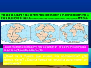 Pangea se separó y los continentes comenzaron a moverse lentamente a
sus posiciones actuales……………………………………………….. 200 m.a.




  La corteza terrestre (litósfera) está estructurada en placas tectónicas que
  están en continuo desplazamiento.

  ¿Cual es la fuerza que mueve los continentes? ¿De
  dónde viene? ¿Cuánta fuerza se necesita para mover un
  continente?
 