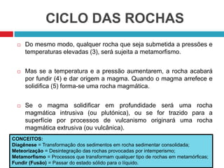 CICLO DAS ROCHAS
 Do mesmo modo, qualquer rocha que seja submetida a pressões e
temperaturas elevadas (3), será sujeita a metamorfismo.
 Mas se a temperatura e a pressão aumentarem, a rocha acabará
por fundir (4) e dar origem a magma. Quando o magma arrefece e
solidifica (5) forma-se uma rocha magmática.
 Se o magma solidificar em profundidade será uma rocha
magmática intrusiva (ou plutónica), ou se for trazido para a
superfície por processos de vulcanismo originará uma rocha
magmática extrusiva (ou vulcânica).
CONCEITOS:
Diagênese = Transformação dos sedimentos em rocha sedimentar consolidada;
Meteorização = Desintegração das rochas provocadas por intemperismo;
Metamorfismo = Processos que transformam qualquer tipo de rochas em metamórficas;
Fundir (Fusão) = Passar do estado sólido para o líquido.
 