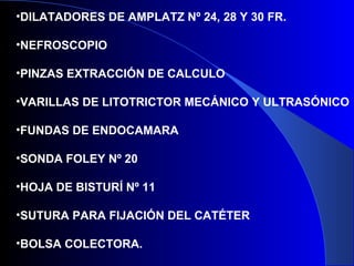 •DILATADORES DE AMPLATZ Nº 24, 28 Y 30 FR.
•NEFROSCOPIO
•PINZAS EXTRACCIÓN DE CALCULO
•VARILLAS DE LITOTRICTOR MECÁNICO Y ULTRASÓNICO
•FUNDAS DE ENDOCAMARA
•SONDA FOLEY Nº 20
•HOJA DE BISTURÍ Nº 11
•SUTURA PARA FIJACIÓN DEL CATÉTER
•BOLSA COLECTORA.
 