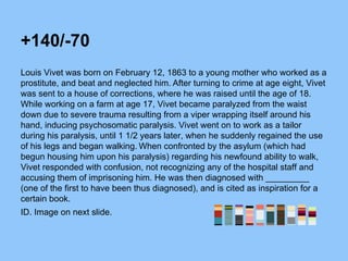 +140/-70
Louis Vivet was born on February 12, 1863 to a young mother who worked as a
prostitute, and beat and neglected him. After turning to crime at age eight, Vivet
was sent to a house of corrections, where he was raised until the age of 18.
While working on a farm at age 17, Vivet became paralyzed from the waist
down due to severe trauma resulting from a viper wrapping itself around his
hand, inducing psychosomatic paralysis. Vivet went on to work as a tailor
during his paralysis, until 1 1/2 years later, when he suddenly regained the use
of his legs and began walking. When confronted by the asylum (which had
begun housing him upon his paralysis) regarding his newfound ability to walk,
Vivet responded with confusion, not recognizing any of the hospital staff and
accusing them of imprisoning him. He was then diagnosed with _________
(one of the first to have been thus diagnosed), and is cited as inspiration for a
certain book.
ID. Image on next slide.
 