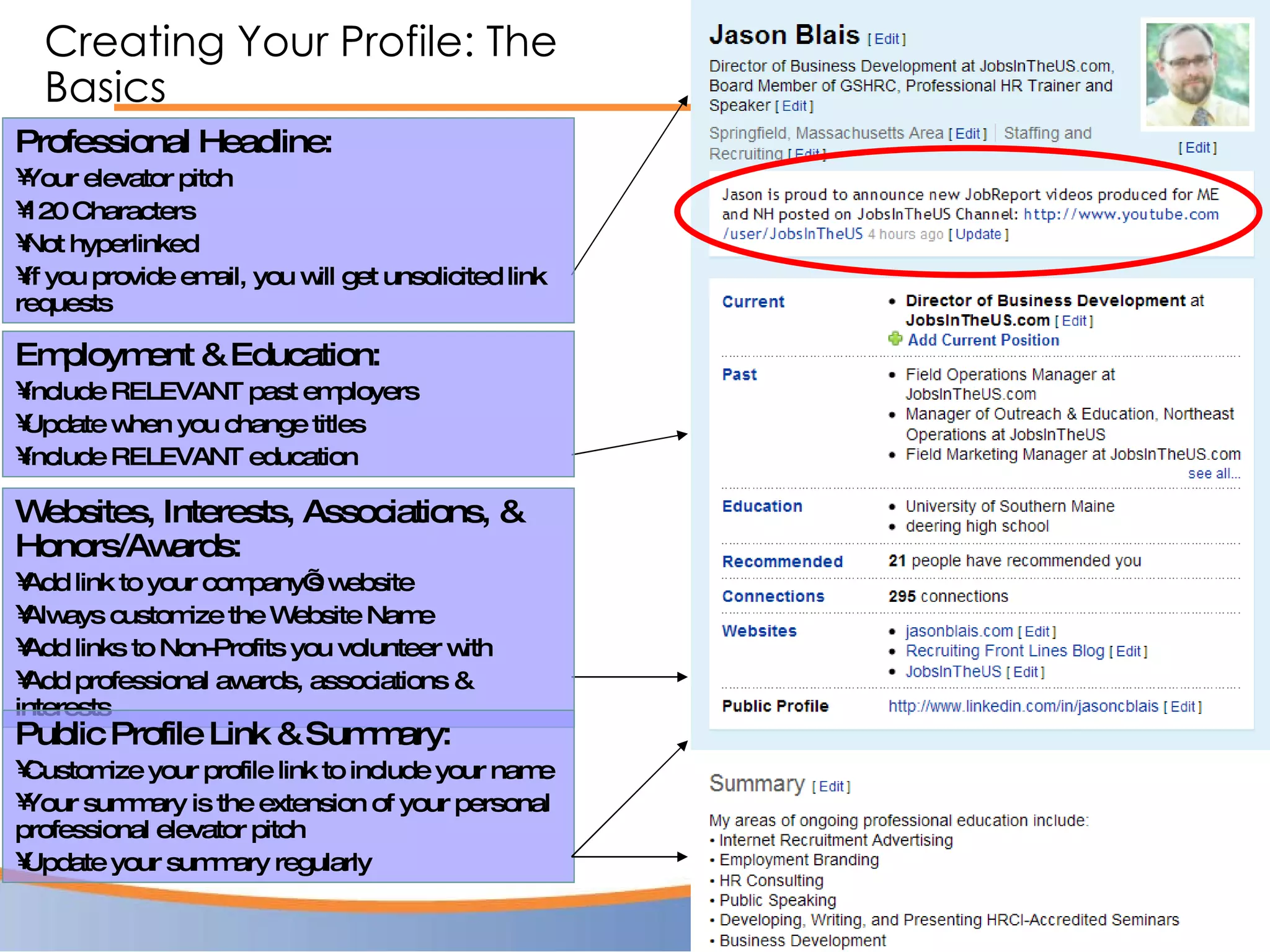 Creating Your Profile: The Basics Professional Headline:  Your elevator pitch 120 Characters Not hyperlinked If you provide email, you will get unsolicited link requests Employment & Education:  Include RELEVANT past employers Update when you change titles Include RELEVANT education Websites, Interests, Associations, & Honors/Awards:  Add link to your company’s website Always customize the Website Name Add links to Non-Profits you volunteer with Add professional awards, associations & interests Public Profile Link & Summary:  Customize your profile link to include your name Your summary is the extension of your personal professional elevator pitch Update your summary regularly 