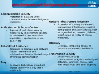 Key Elements of Delivering Security

Communication Security
    •  Protection of data and voice
       communications between designated
       endpoints.                        Network Infrastructure Protection
                                            • Protection of routing and network
Authorisation & Access Control                 management infrastructure against
   • Support of multi-level security           both passive and active attacks, such
       measures by implementing identity       as rogue devices, insertion, deletion,
       or role based access control on         modification or replay of control
       applications, application server,       messages,
       802.1x etc
                                            Efficiency
Reliability & Resilience                        •   Electrical, computing power, RF
    •   Tolerance to hardware and software          resource and network bandwidth
        failures, asymmetric and
        unidirectional links, or limited range Transmission Security
        of wireless communication                  • The services include
                                                     countermeasures against radio signal
Easy                                                 detection, jamming, control/user
    •   Deploying technology should not              data acquisition, and eavesdropping
        impact usability in a way that is
        intolerable                                             GTU 12/4/2012          10
 