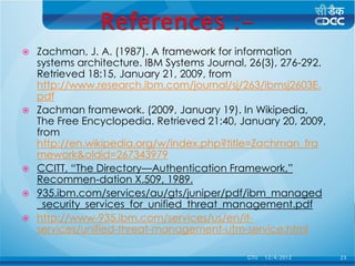    Zachman, J. A. (1987). A framework for information
    systems architecture. IBM Systems Journal, 26(3), 276-292.
    Retrieved 18:15, January 21, 2009, from
    http://www.research.ibm.com/journal/sj/263/ibmsj2603E.
    pdf
   Zachman framework. (2009, January 19). In Wikipedia,
    The Free Encyclopedia. Retrieved 21:40, January 20, 2009,
    from
    http://en.wikipedia.org/w/index.php?title=Zachman_fra
    mework&oldid=267343979
   CCITT, “The Directory—Authentication Framework,”
    Recommen-dation X.509, 1989.
   935.ibm.com/services/au/gts/juniper/pdf/ibm_managed
    _security_services_for_unified_threat_management.pdf
   http://www-935.ibm.com/services/us/en/it-
    services/unified-threat-management-utm-service.html

                                              GTU   12/4/2012    23
 