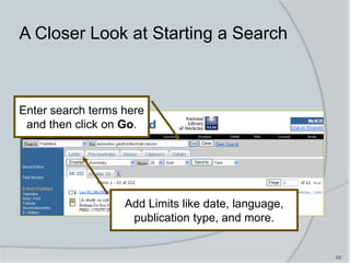 69
A Closer Look at Starting a Search
Enter search terms here
and then click on Go.
Add Limits like date, language,
publication type, and more.
 