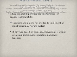 west & mykerezi (2011) Teachers Unions and Compensation: The Impact of Collective Bargaining on Salary Schedules and Performance Pay Schemes Teachers Unions and Compensation: The Impact of Collective Bargaining on Salary Schedules and Performance Pay Schemes Teachers Unions and Compensation: The Impact of Collective Bargaining on Salary Schedules and Performance Pay Schemes Education and experience are poor proxies for quality teaching skills Teachers and unions not excited to implement an input based pay reward system If pay was based on student achievement, it would create an undesirable competition amongst teachers 