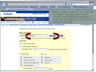 “ Person—By or about” or “Name of Work” will give you fewer results, but greater precision if you are focusing on a particular person or work. 