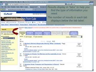 Results display in “tabs” to help you find the type of information you need. The number of results in each tab displays below the tab label. 