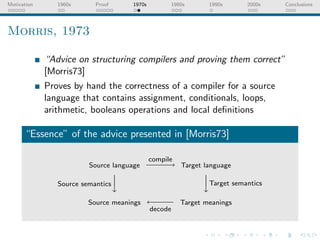 Motivation      1960s      Proof       1970s         1980s       1990s     2000s   Conclusions




Morris, 1973

             “Advice on structuring compilers and proving them correct”
             [Morris73]
             Proves by hand the correctness of a compiler for a source
             language that contains assignment, conditionals, loops,
             arithmetic, booleans operations and local deﬁnitions

      “Essence” of the advice presented in [Morris73]

                                               compile
                         Source language   −−→
                                           −−            Target language
                                                              
                                                              Target semantics
                Source semantics

                         Source meanings   ←−−
                                            −−           Target meanings
                                               decode
 